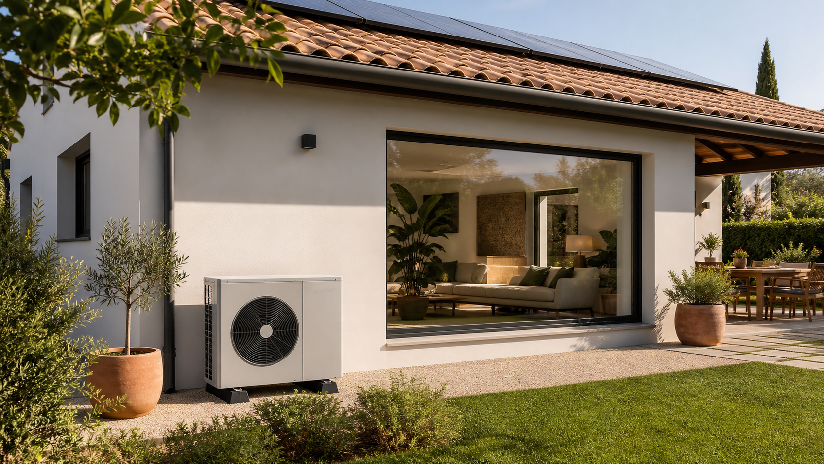 Vivienda eficiente con bomba de calor de aerotermia y placas solares